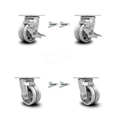 Service Caster 4 Inch V Groove Semi Steel Caster Set with Roller Bearings 4 Swivel Lock 2 Brake SCC-30CS420-VGR-TLB-BSL-2-BSL-2